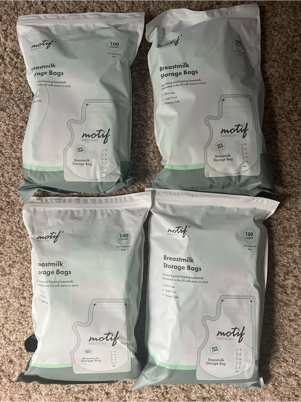 Motif Medical Breastmilk Storage Bags - White and Light Gray (100 Count Packs)